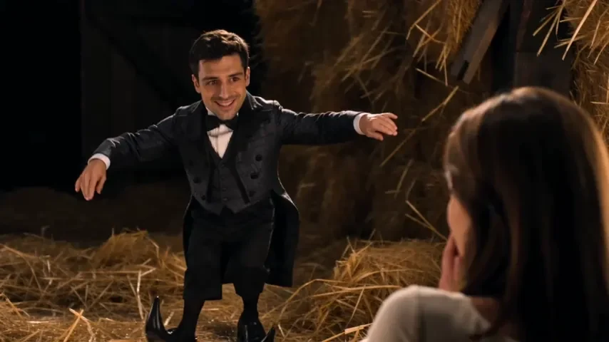 Two characters facing each other in the straw barn