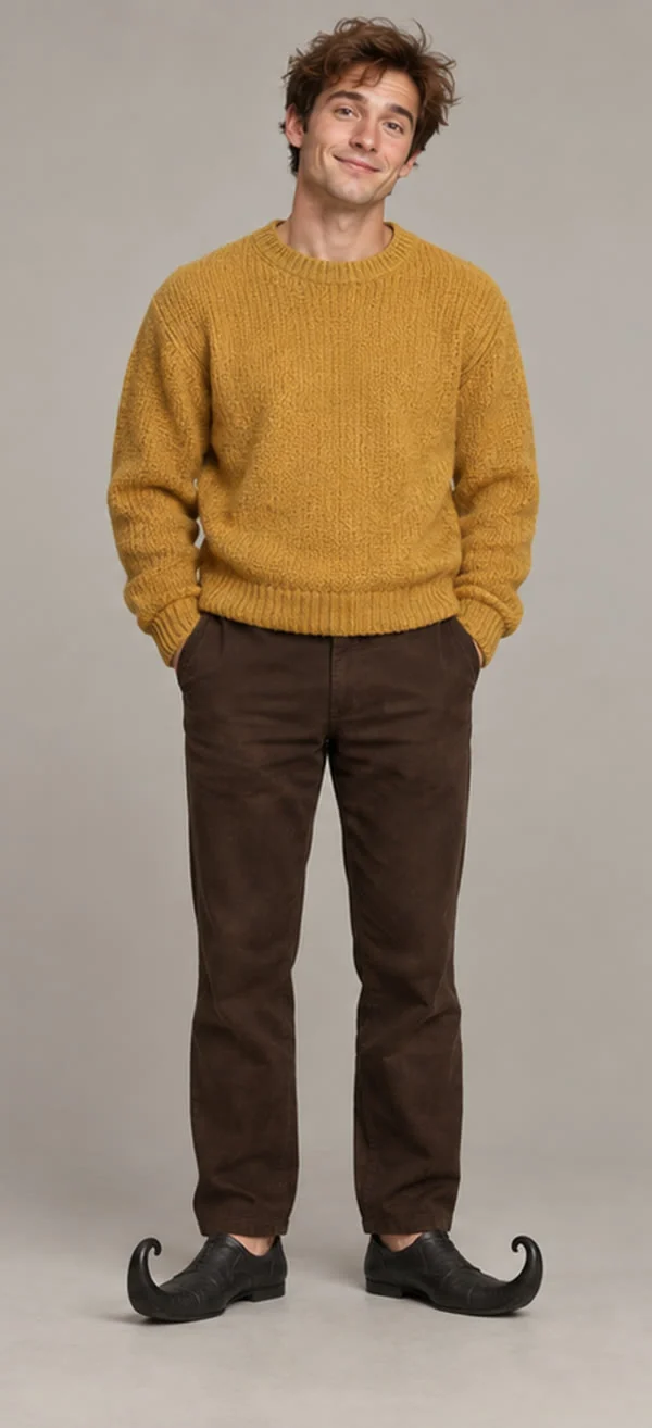 Fictional adult man in a yellow sweater, dancer input